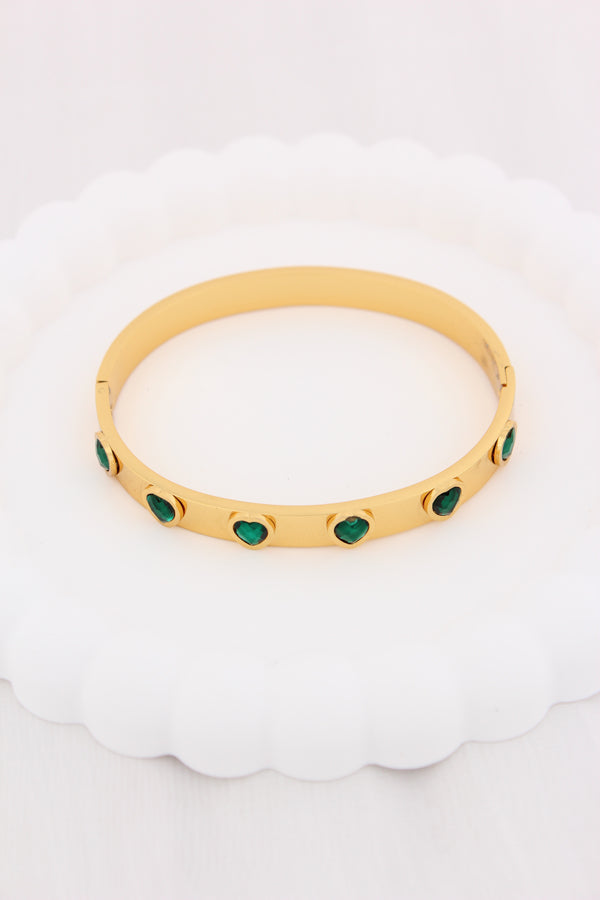 Anti Tarnish Gold Bangle With Green Hearts (BA038-G)