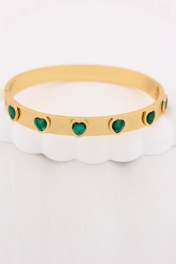 Anti Tarnish Gold Bangle With Green Hearts (BA038-G)
