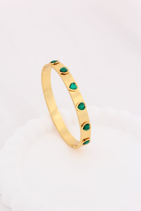 Anti Tarnish Gold Bangle With Green Hearts (BA038-G)
