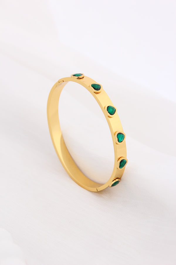 Anti Tarnish Gold Bangle With Green Hearts (BA038-G)