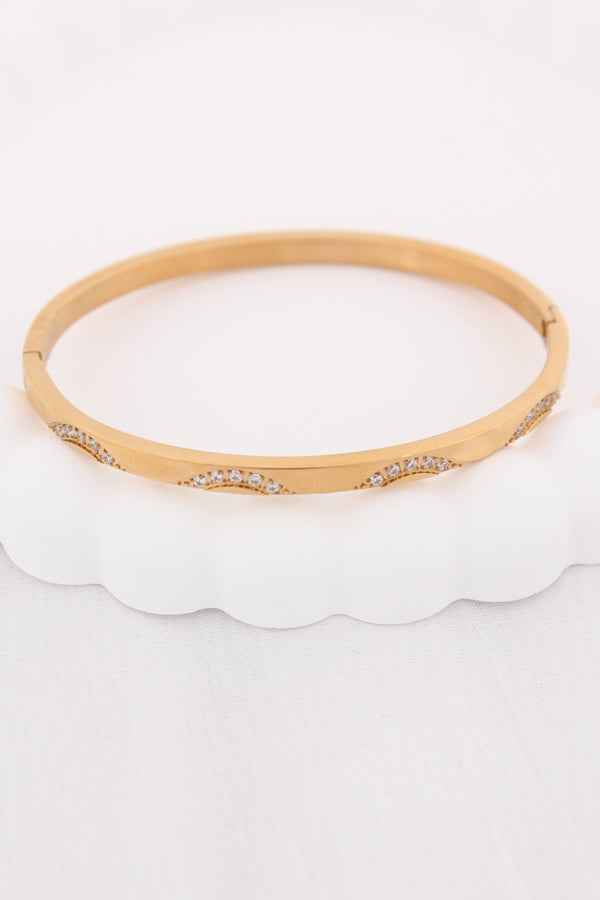 Anti Tarnish Gold Bangle With Waves And Stones (BA009)