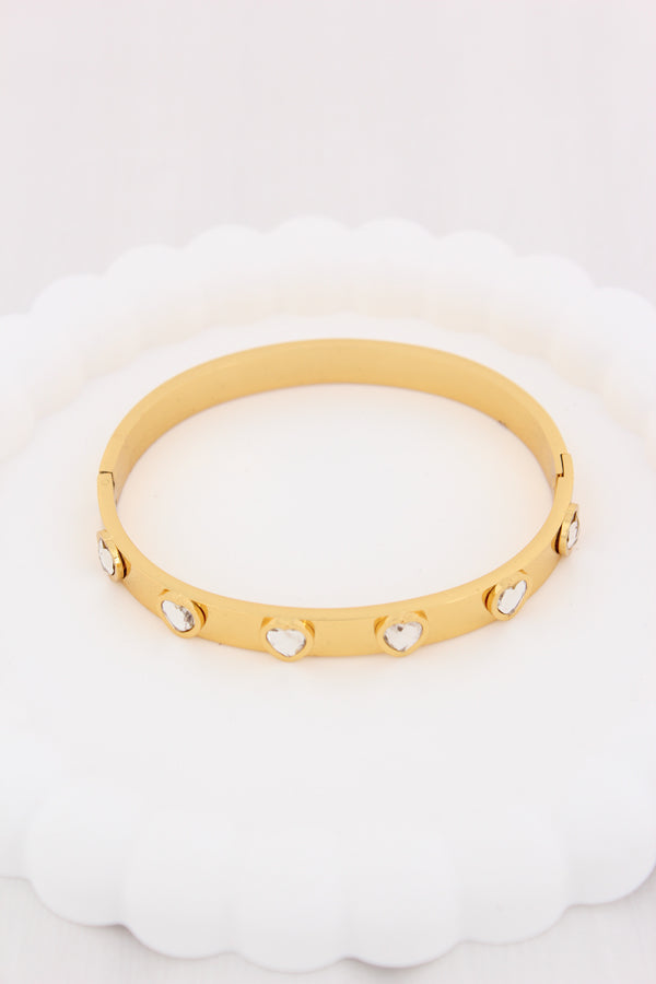 Anti Tarnish Gold Bangle With White Hearts (BA038-S)