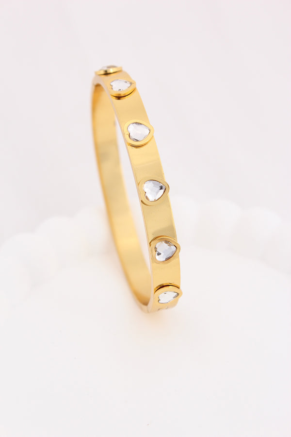 Anti Tarnish Gold Bangle With White Hearts (BA038-S)