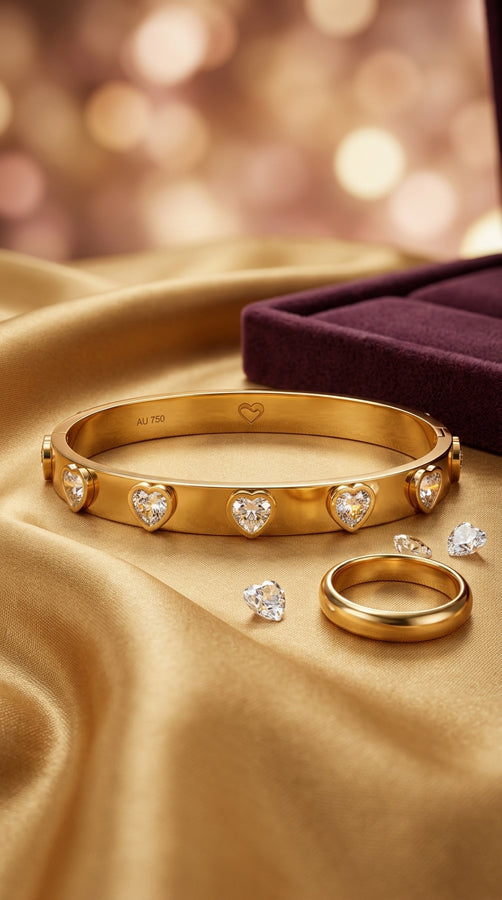 Anti Tarnish Gold Bangle With White Hearts (BA038-S)