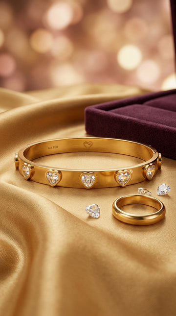 Anti Tarnish Gold Bangle With White Hearts (BA038-S)