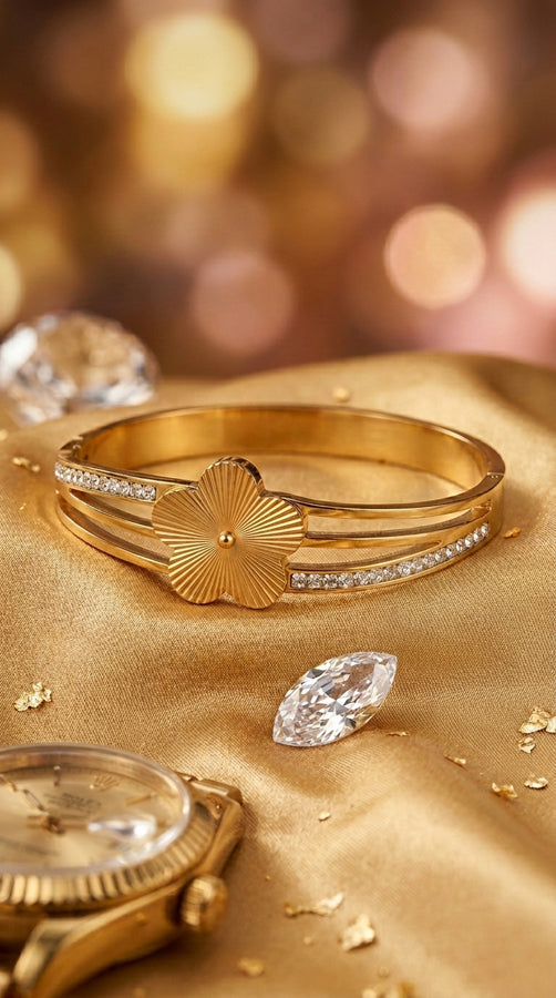 Gold Bangle With Triple Stones In Stainless Steel (ESBA044)