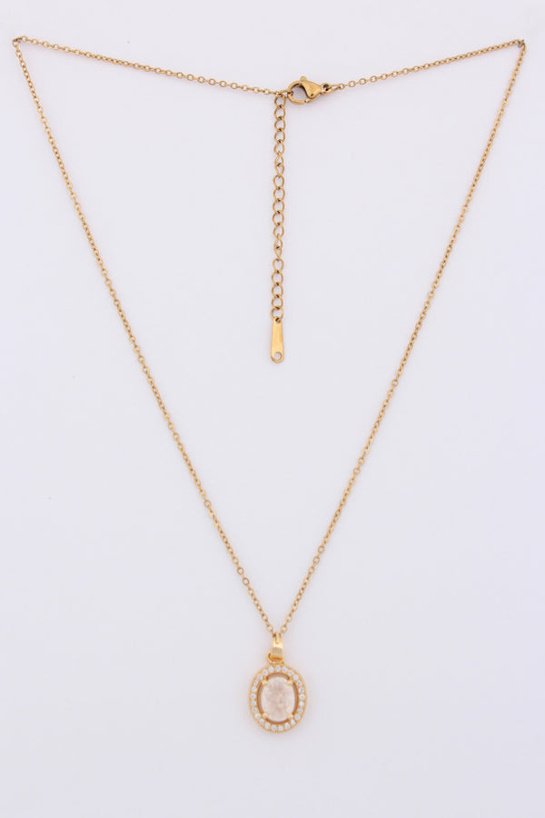 Center Stone Pendant Framed With Small Stones In Gold Polish Necklace (ESP-027)