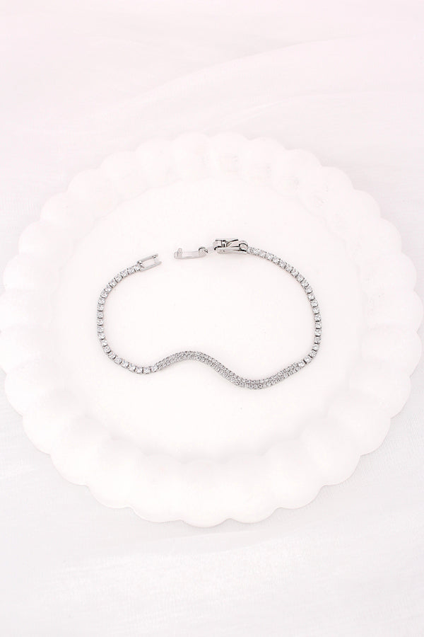 Curved Silver Polish Bracelet With Stones (BR021-S)