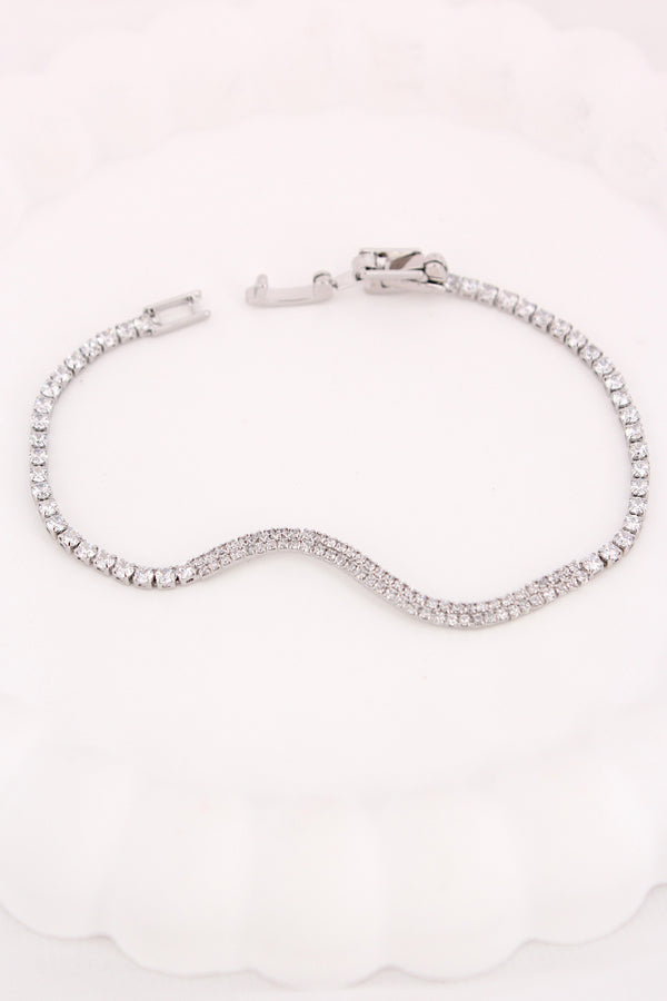 Curved Silver Polish Bracelet With Stones (BR021-S)