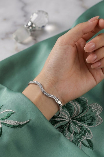 Curved Silver Polish Bracelet With Stones (BR021-S)
