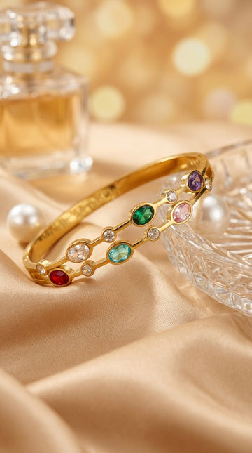 Double Row Stainless Steel Bangle With Multi Colours Stone (BA015)