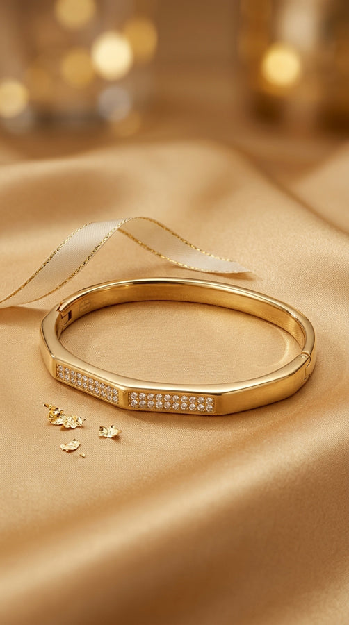 Elegant Gold Bangle With Center Stone In Stainless Steel (BA028)