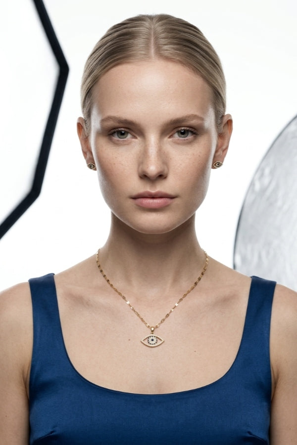 Evil Eye Pendant With White And Blue Stones In Gold Polish Necklace (ESP-030)