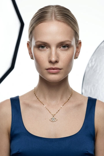 Evil Eye Pendant With White And Blue Stones In Gold Polish Necklace (ESP-030)