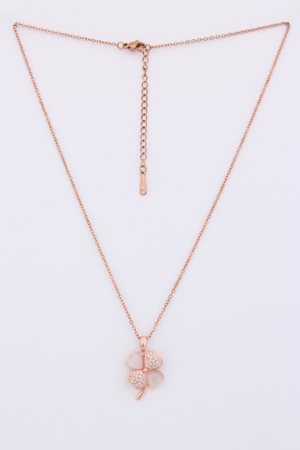 Four Leaf Clover With Stone In Rosegold Polish Necklace (P032)
