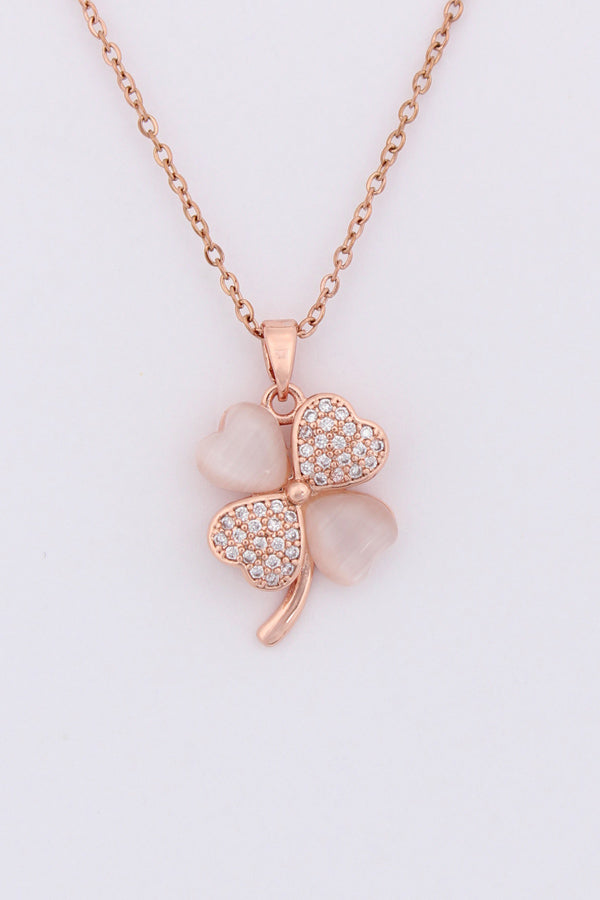 Four Leaf Clover With Stone In Rosegold Polish Necklace (P032)