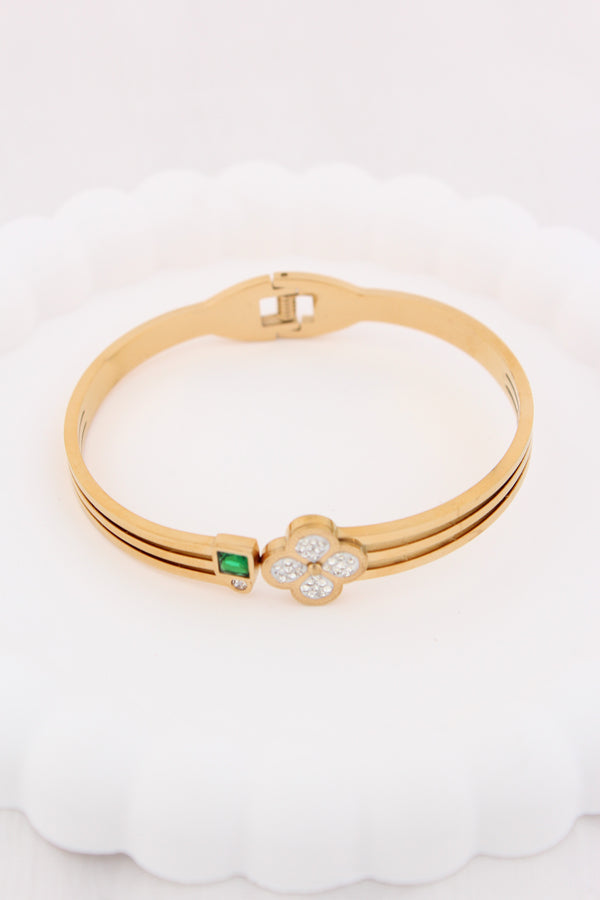 Gold Bangle In Stainless Steel With Center Design And Green Stone (BA036)