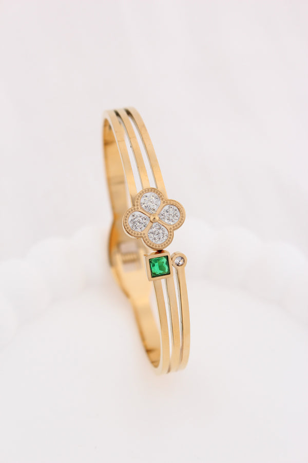 Gold Bangle In Stainless Steel With Center Design And Green Stone (BA036)