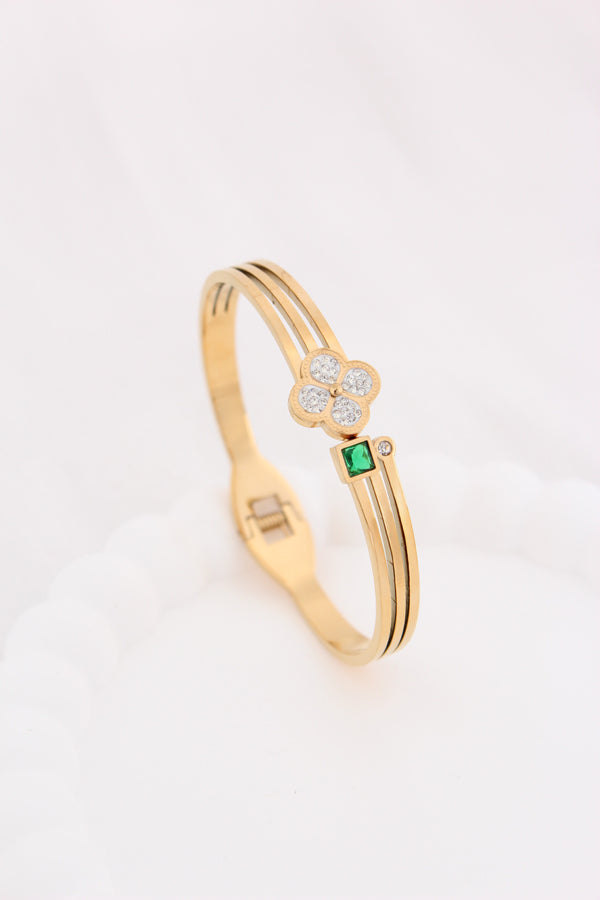 Gold Bangle In Stainless Steel With Center Design And Green Stone (BA036)