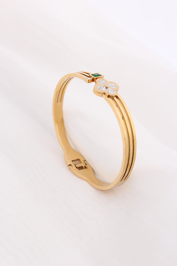 Gold Bangle In Stainless Steel With Center Design And Green Stone (BA036)