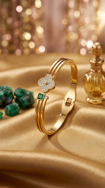 Gold Bangle In Stainless Steel With Center Design And Green Stone (BA036)