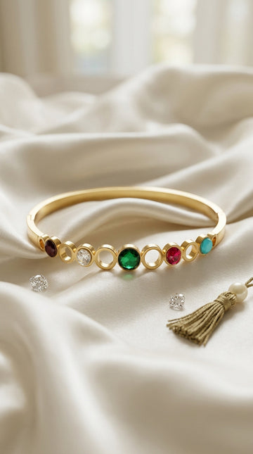 Gold Polish Anti Tarnish Bangle With Colour Stones (BA016)