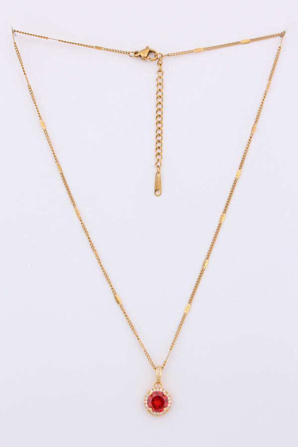 Gold Polish Necklace With Red Colour Pendant Stone (P-011)
