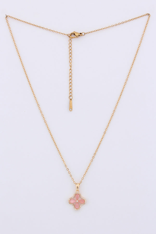 Gold Polish Pendant Necklace With Pink Flower Pendant (P-001)