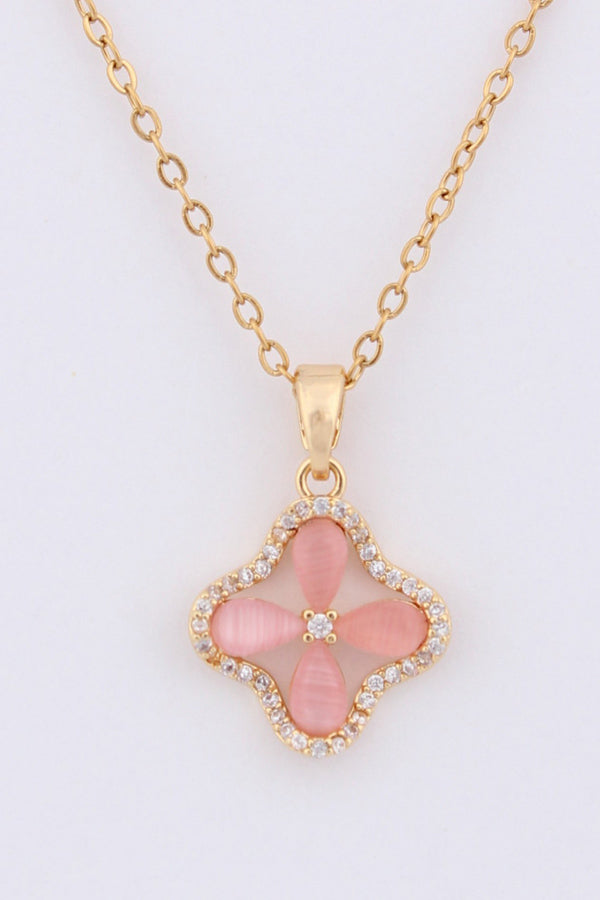 Gold Polish Pendant Necklace With Pink Flower Pendant (P-001)