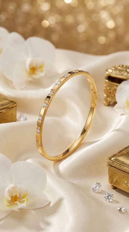 Gold Stainless Steel Bangle With Small Stones (BA007)