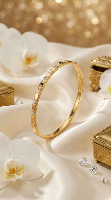 Gold Stainless Steel Bangle With Small Stones (BA007)