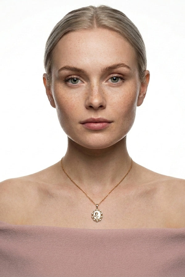 Golden Pendant Framed With Rose And Stones In Gold Polish Necklace