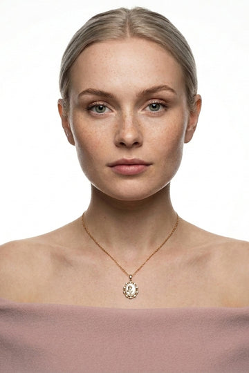 Golden Pendant Framed With Rose And Stones In Gold Polish Necklace