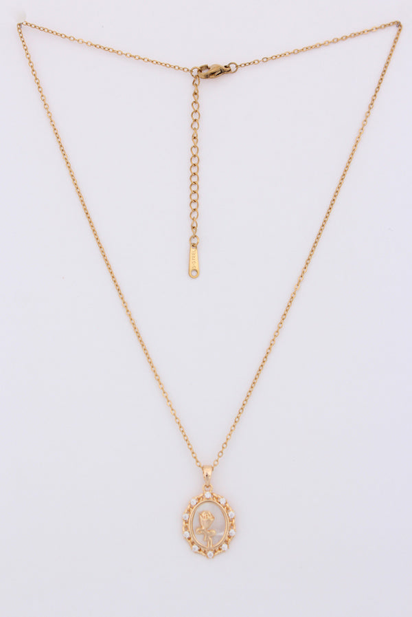 Golden Pendant Framed With Rose And Stones In Gold Polish Necklace (P-017)