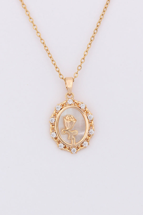 Golden Pendant Framed With Rose And Stones In Gold Polish Necklace (P-017)
