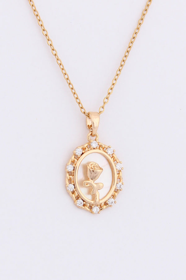 Golden Pendant Framed With Rose And Stones In Gold Polish Necklace (P-017)