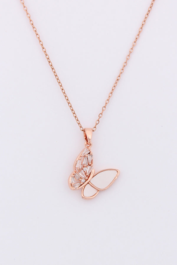 Hanging Butterfly With Stones In Rosegold Polish Necklace (ESP-026)