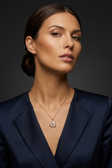 Hanging Heart With Red Center Stone In Rosegold Polish Necklace