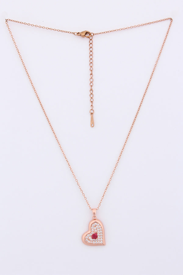 Hanging Heart With Red Center Stone In Rosegold Polish Necklace (P-015)
