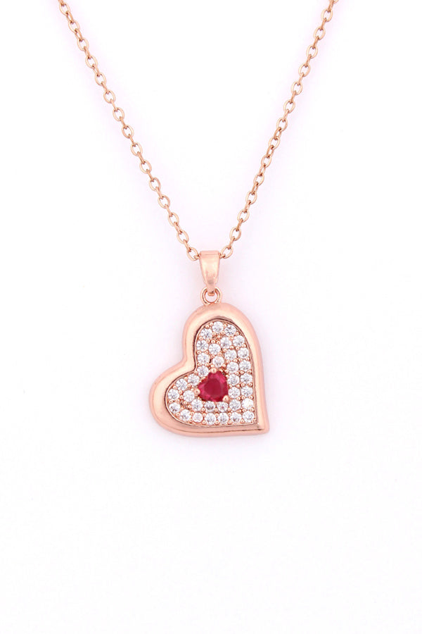 Hanging Heart With Red Center Stone In Rosegold Polish Necklace (P-015)