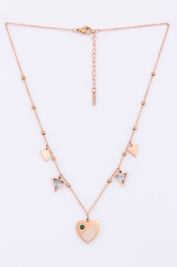 Necklace With Heart And Center Green Stone In Gold Polish (P-010)
