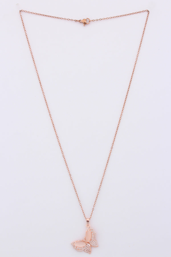Pink Colour Butterfly With Stones In Rosegold Polish Necklace (ESP-029)