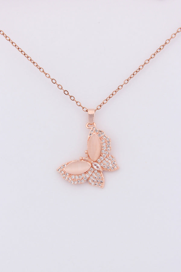 Pink Colour Butterfly With Stones In Rosegold Polish Necklace (ESP-029)