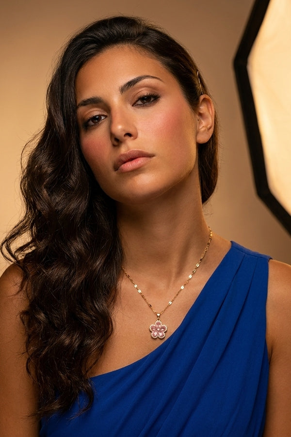 Pink Colour Flower Pendant With Gold Polish Necklace