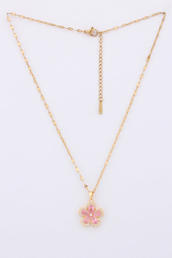 Pink Colour Flower Pendant With Gold Polish Necklace (P043-P)