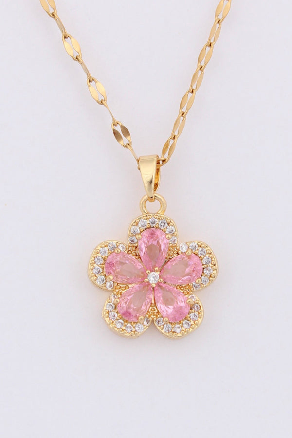 Pink Colour Flower Pendant With Gold Polish Necklace (P043-P)