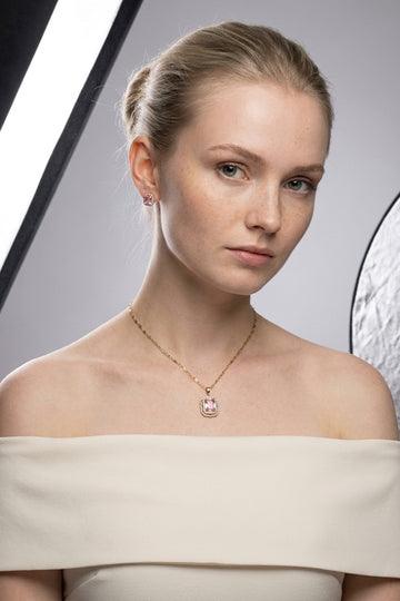 Pink Colour Stone Framed With Small Stones In Gold Polish Necklace