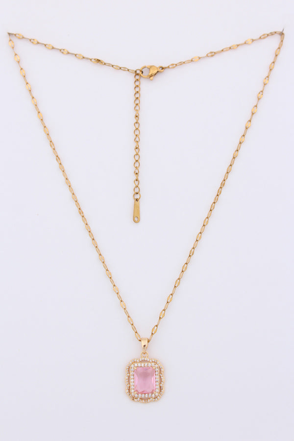 Pink Colour Stone Framed With Small Stones In Gold Polish Necklace (P037)