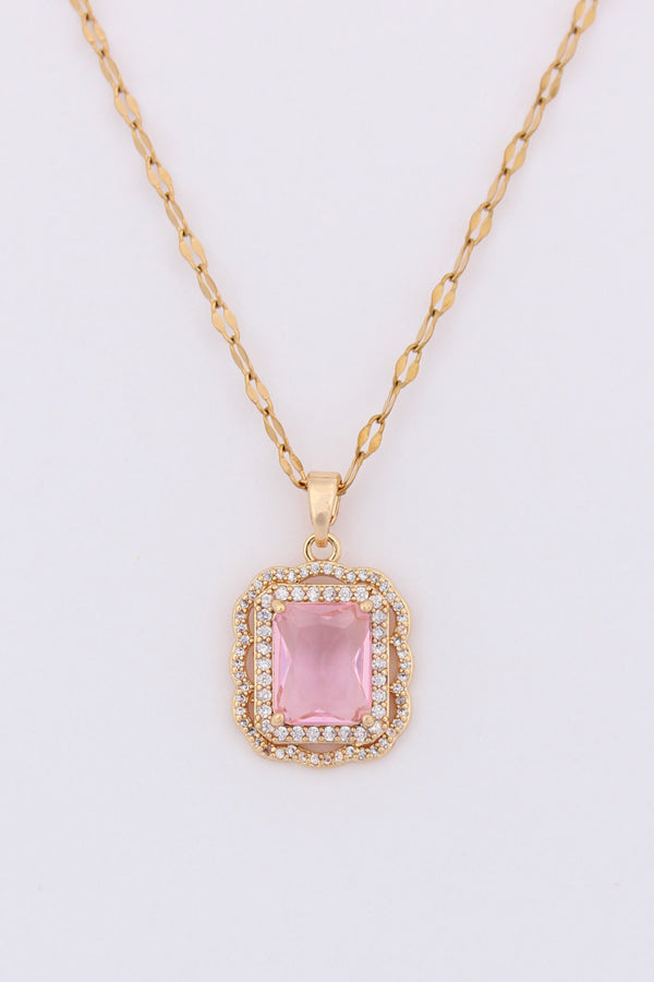 Pink Colour Stone Framed With Small Stones In Gold Polish Necklace (P037)