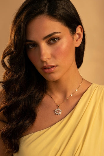 Pinky Heart Stone Framed In Star Gold Polish Necklace